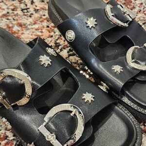 Vittorio Venture Black Sandals with Silver Studed Embellishements